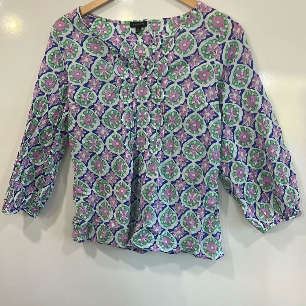 Talbots Medallion Print Cotton Blouse XS Blue‎